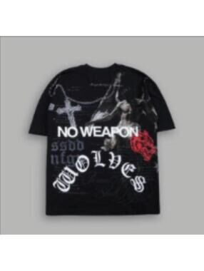Black Graphic T-Shirt with 'No Weapon Wolves' Design
